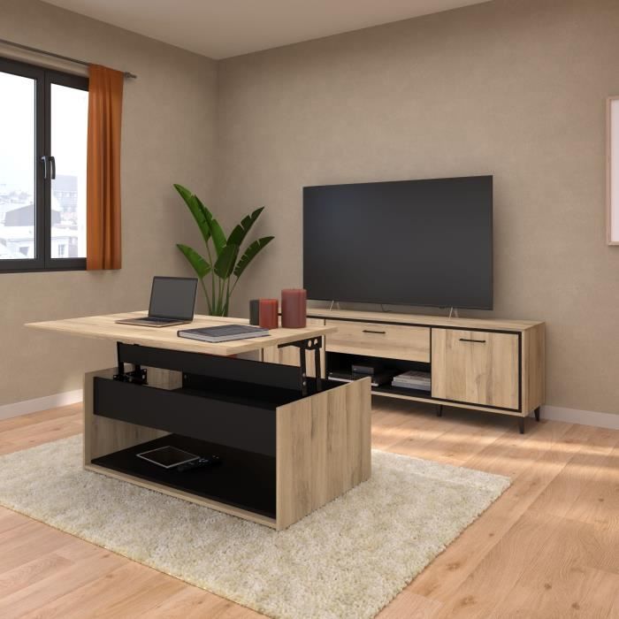 Table basse relevable - OSTARA - Rectangulaire - Chene / Noir - Relevable - 110 x 65 x 45/67,2 cm