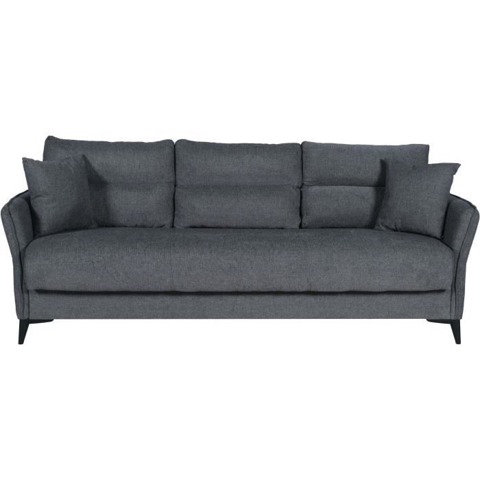 Canapé convertible 3 places - OTTOWA - Tissu gris foncé - 2 coussins - Coffre de rangement - 217 x 92 x 85 cm