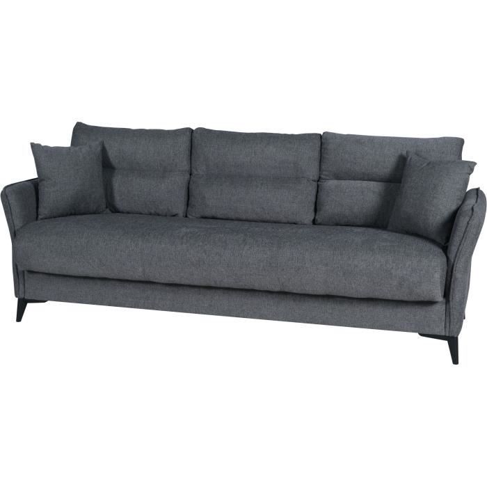 Canapé convertible 3 places - OTTOWA - Tissu gris foncé - 2 coussins - Coffre de rangement - 217 x 92 x 85 cm