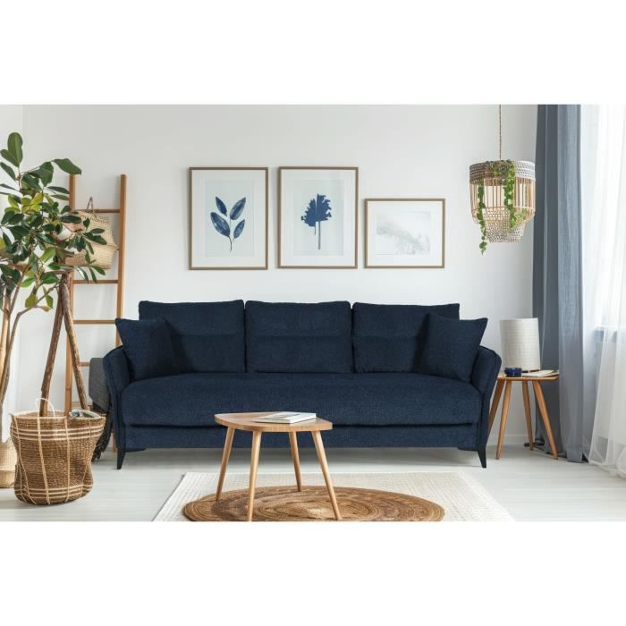 Canapé convertible 3 places - OTTOWA - Tissu bleu foncé - 2 coussins - Coffre de rangement - 217 x 92 x 85 cm