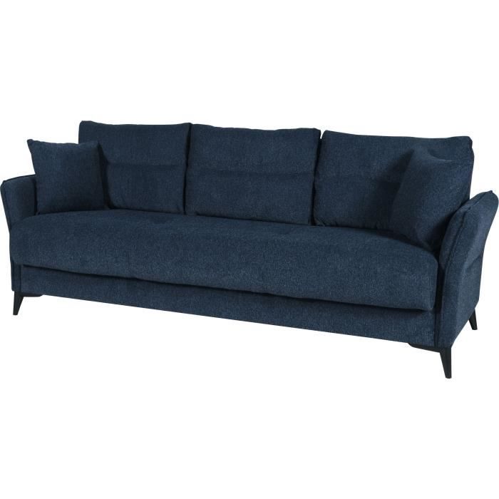Canapé convertible 3 places - OTTOWA - Tissu bleu foncé - 2 coussins - Coffre de rangement - 217 x 92 x 85 cm
