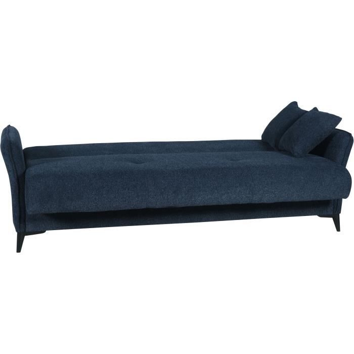 Canapé convertible 3 places - OTTOWA - Tissu bleu foncé - 2 coussins - Coffre de rangement - 217 x 92 x 85 cm
