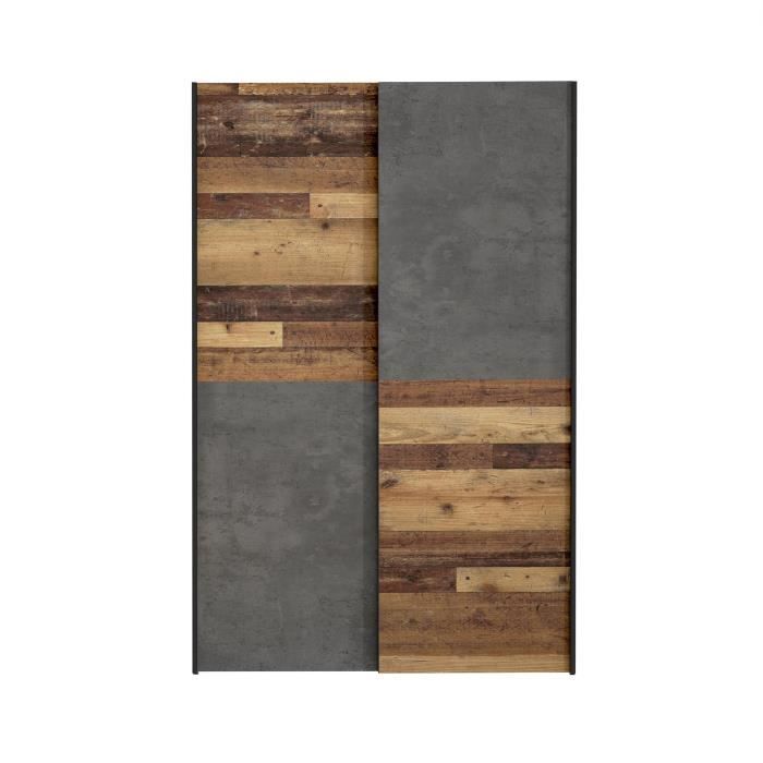Armoire 2 portes coulissantes multifonction - Panneaux de particules - Bois et béton gris - L 120 x P 41,6 x H 190,5 cm - OZZULA