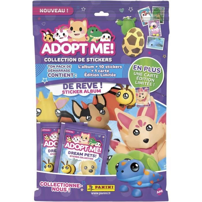 Pack de démarrage - PANINI - Adopt Me! Roblox - Album + 2 pochettes - 1 carte édition limitée - 10 stickers