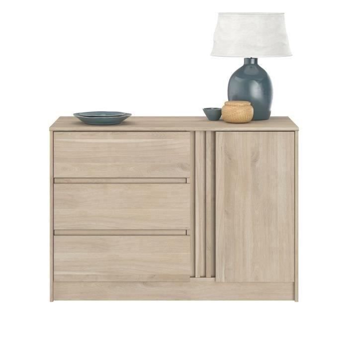 Commode ESCALE - 3 tiroirs - 1 porte - Décor chene - L 109,8 x H 76,8 x P 50 cm