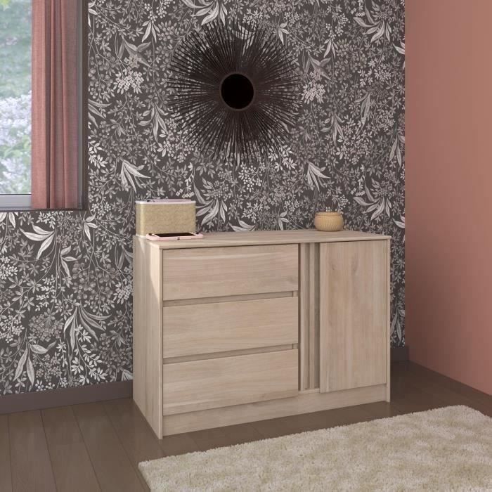 Commode ESCALE - 3 tiroirs - 1 porte - Décor chene - L 109,8 x H 76,8 x P 50 cm