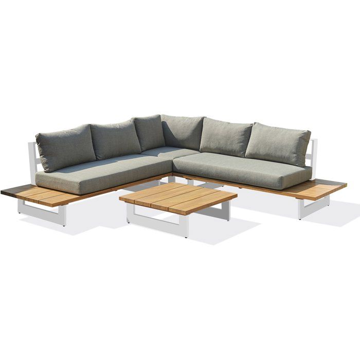 Salon de jardin - Blanc - Aluminium et plateau imitation bois - 5 places - Lavezzi