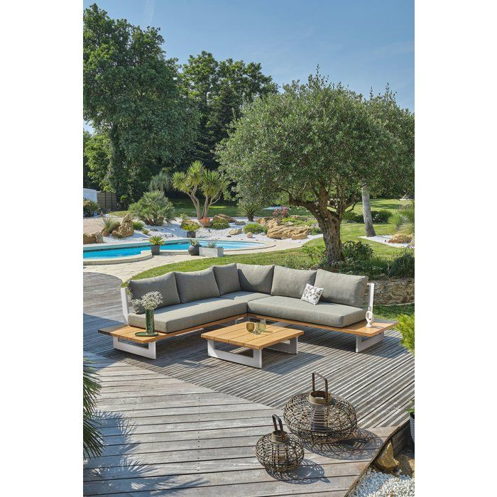 Salon de jardin - Blanc - Aluminium et plateau imitation bois - 5 places - Lavezzi