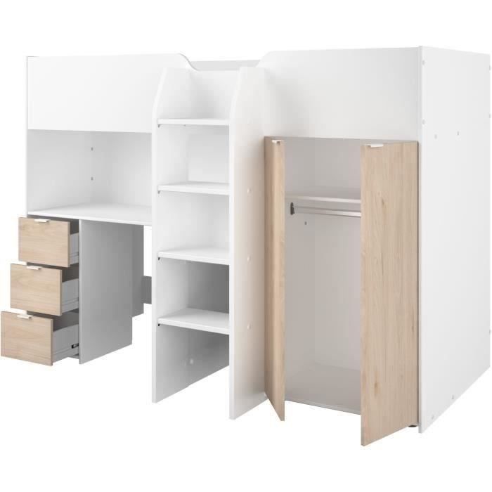 Lit combinÈ mezzanine enfant - TOM - Blanc et chene - Armoire, bureau et sommier inclus