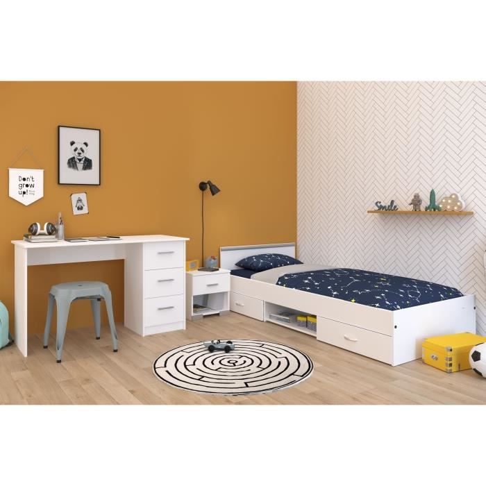 Chambre complete enfant 3 pieces ZODIAC - Lit + chevet + bureau - Décor blanc - PARISOT