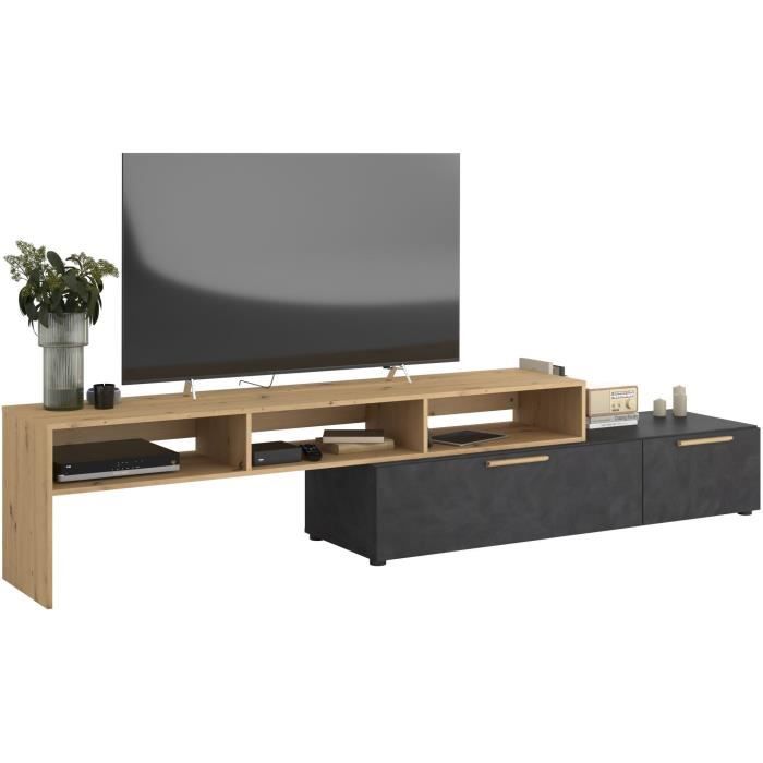 Meuble TV RAW - DÈcor chene et Steam Black - 1 abattant + 1 tiroir - 4 modulations au choix - L250 x H 50 x P 46.6 cm