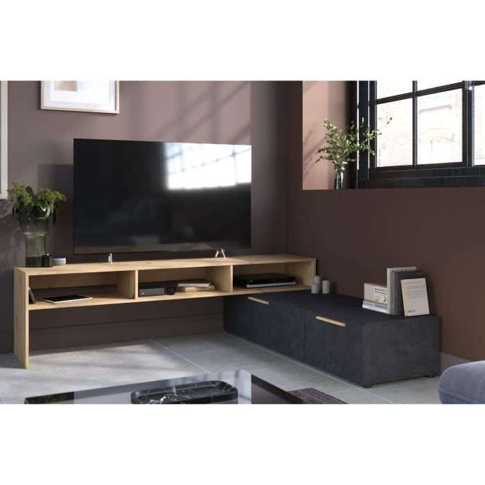 Meuble TV RAW - DÈcor chene et Steam Black - 1 abattant + 1 tiroir - 4 modulations au choix - L250 x H 50 x P 46.6 cm