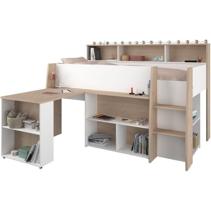 PARISOT Lit combinÈ enfant avec bureau rÈtractable - DÈcor blanc et chene - 90x 200 cm - Sommier inclus -THEO