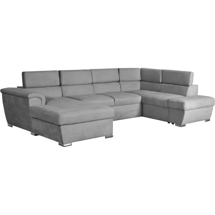 CanapÈ convertible panoramique PARMA 6 places - Tissu gris clair - L322 x P196 x H76 cm