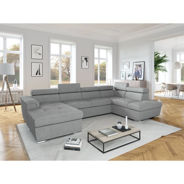 CanapÈ convertible panoramique PARMA 6 places - Tissu gris clair - L322 x P196 x H76 cm