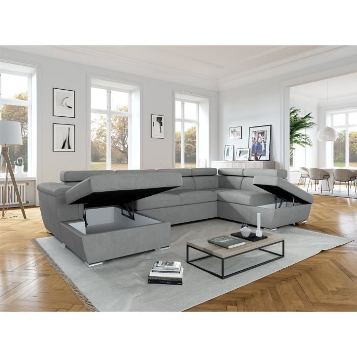 CanapÈ convertible panoramique PARMA 6 places - Tissu gris clair - L322 x P196 x H76 cm