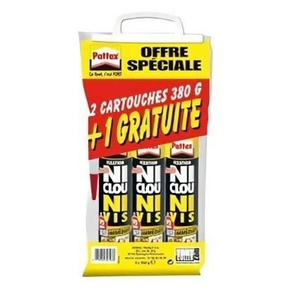 Colle de fixation - PATTEX - Ni Clou Ni Vis - Extra Fort - Cartouche de 380g - Lot de 2 + 1 gratuit