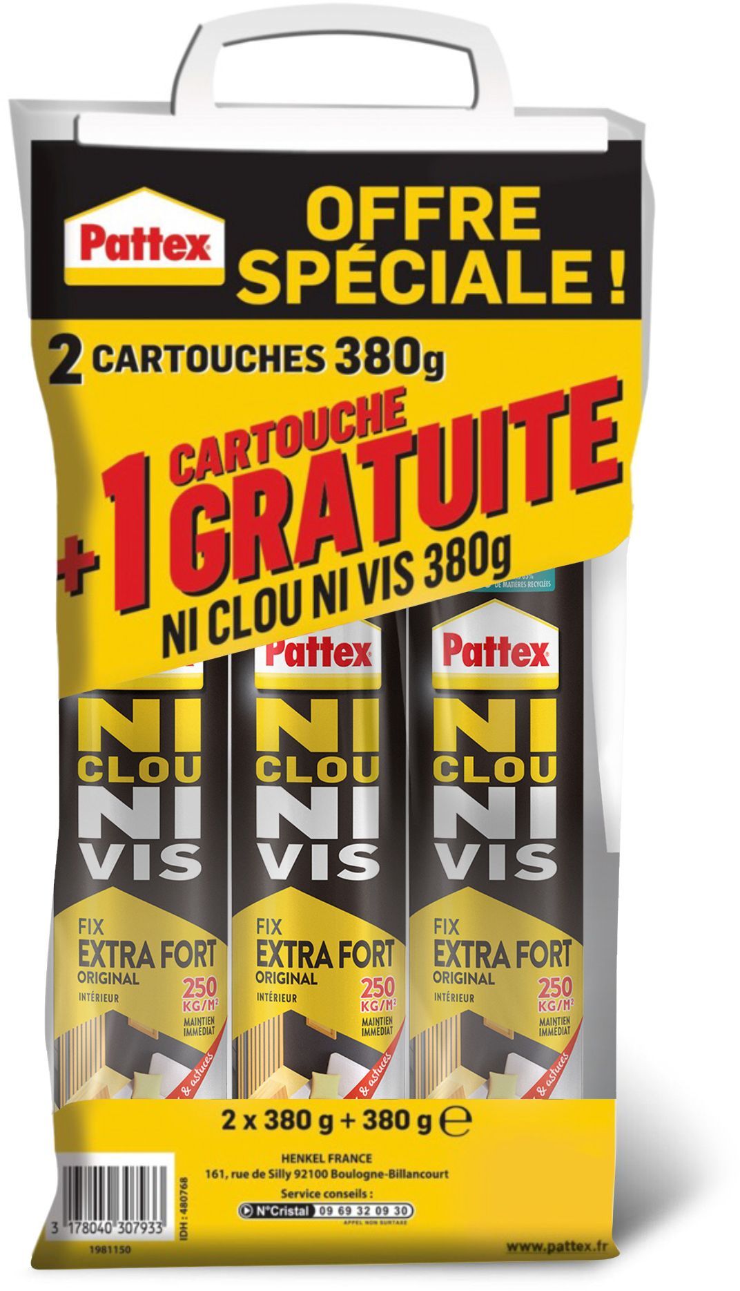 Colle de fixation - PATTEX - Ni Clou Ni Vis - Extra Fort - Cartouche de 380g - Lot de 2 + 1 gratuit