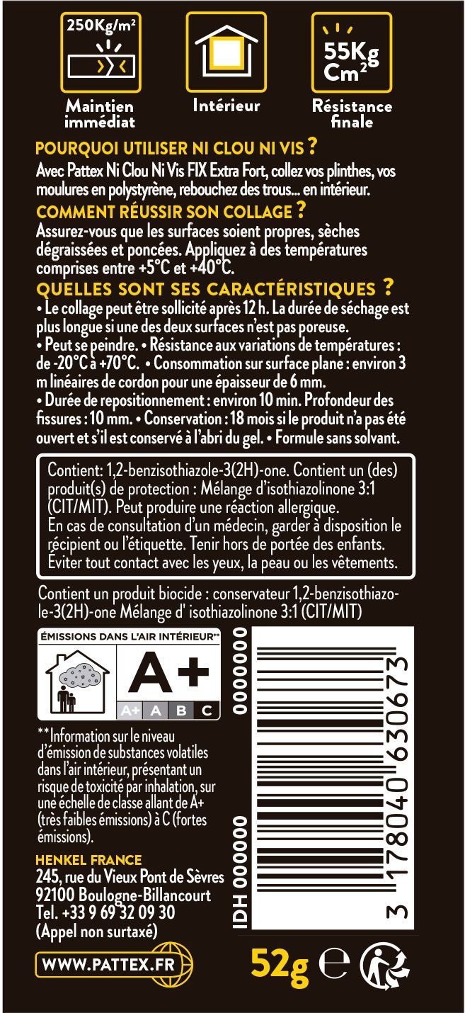 Colle de fixation - PATTEX - Ni Clou Ni Vis - Extra fort - Tube - 52g