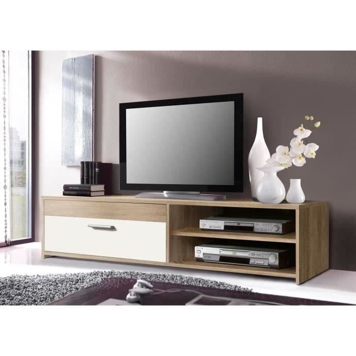 Meuble TV PILVI - Style contemporain - Particules mÈlaminÈ - DÈcor Chene et blanc - 1 Abattant + 2 niches - L 120 x P 42 x H 32 cm