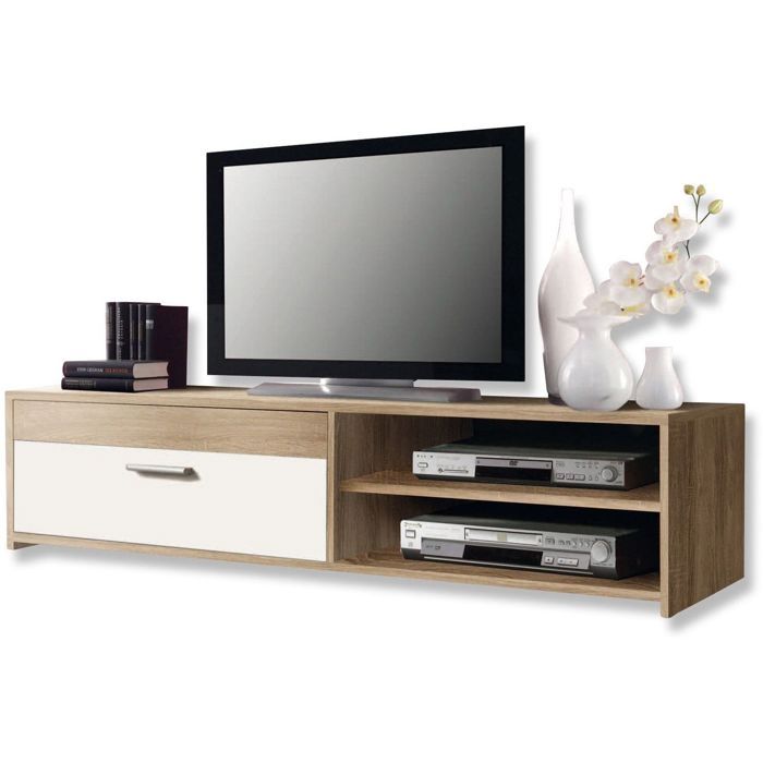 Meuble TV PILVI - Style contemporain - Particules mélaminé - Décor Chene et blanc - 1 Abattant + 2 niches - L 120 x P 42 x H 32 cm