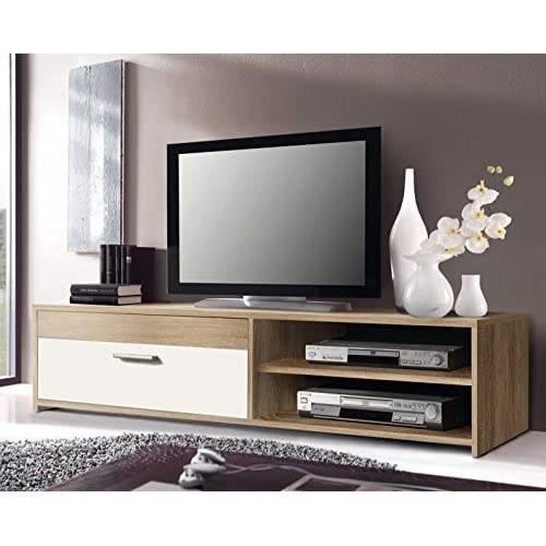 Meuble TV PILVI - Style contemporain - Particules mÈlaminÈ - DÈcor Chene et blanc - 1 Abattant + 2 niches - L 120 x P 42 x H 32 cm