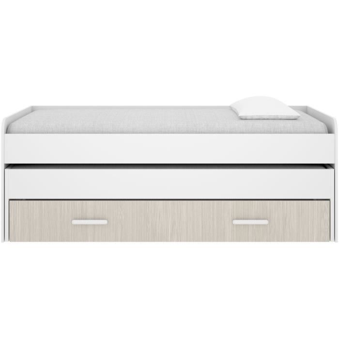 Lit gigogne - PEMA - 90 x 200 cm - Blanc / imitation lamelles