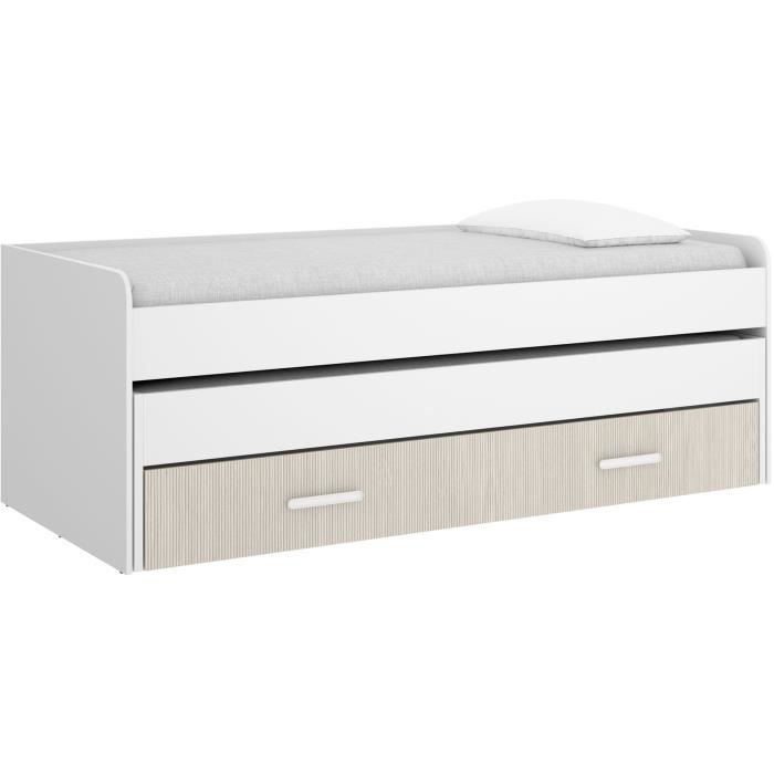 Lit gigogne - PEMA - 90 x 200 cm - Blanc / imitation lamelles