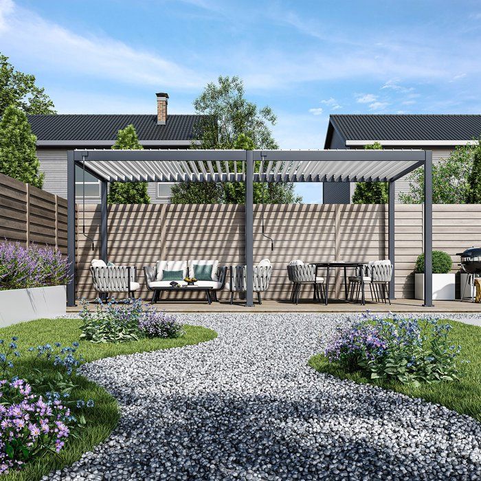 Pergola bioclimatique - 3 x 6 m - 18 m˛ - Structure aluminium anthracite et lames toiture acier blanches