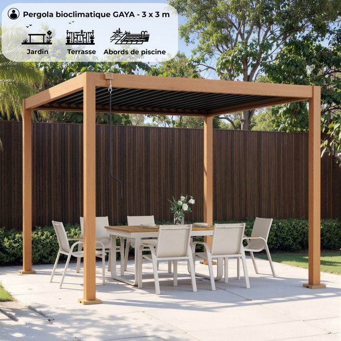 Pergola bioclimatique - GAYA - Structure en aluminium et en acier - Aspect Bois - 3 x 3 m