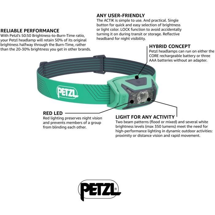 Lampe frontale - PETZL - ACTIK - 450 lumens - 3 piles AAA incluses - Vert