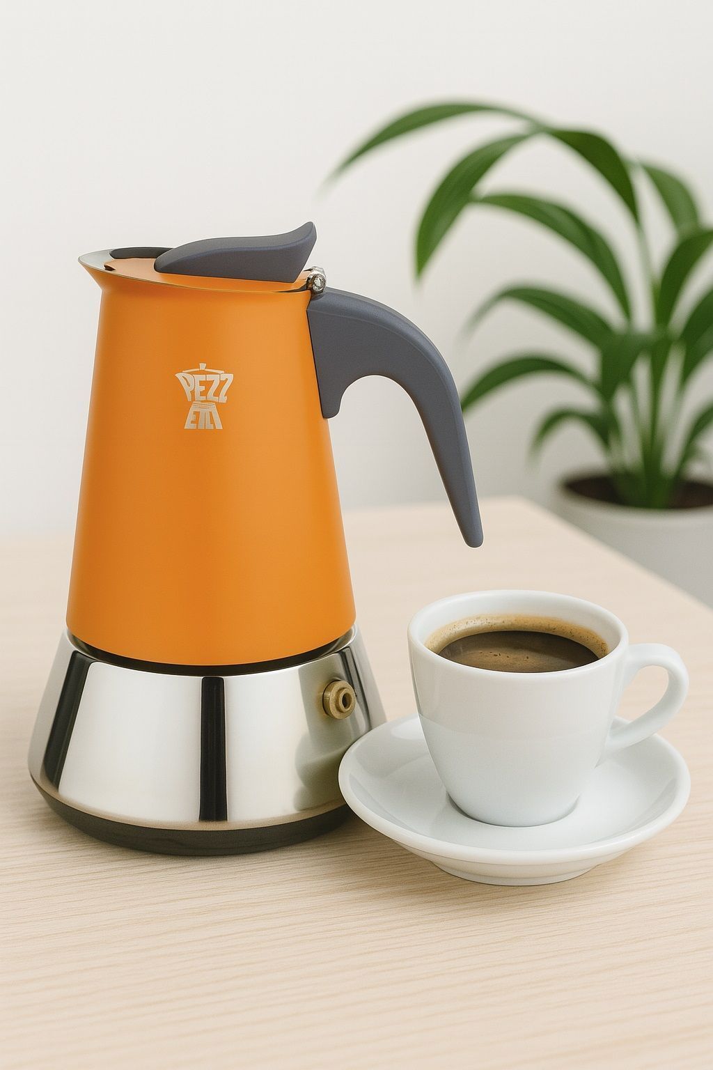 Cafetiere italienne - PEZZETTI - STEELEXPRESS - Acier inoxydable - 6 tasses - Tous feux dont induction - Orange