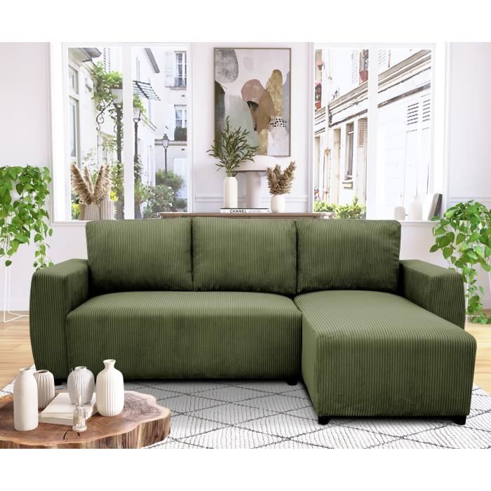 Canapé d'angle convertible réversible 3 / 4 places - PHARELL - Tissu velours côtelé Kaki - Coffre - 224 x 155 x 85 cm