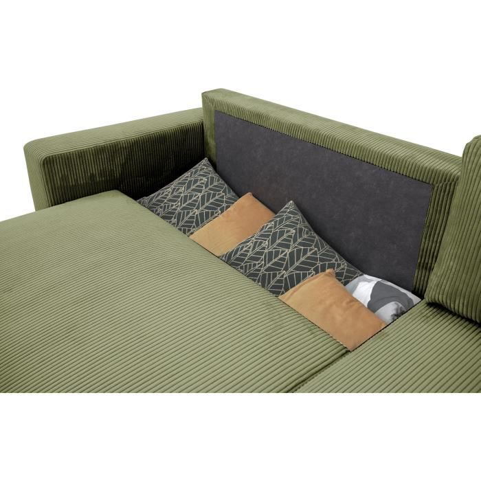 Canapé d'angle convertible réversible 3 / 4 places - PHARELL - Tissu velours côtelé Kaki - Coffre - 224 x 155 x 85 cm