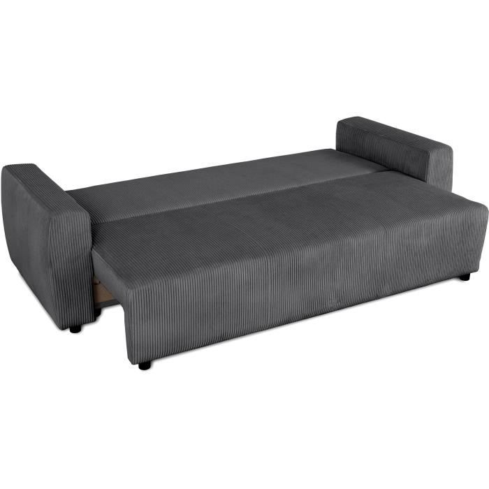 Canapé convertible - 3 places - PHARELL - Tissu Velours côtelé Anthracite - Coffre - 231 x 84 x 91 cm