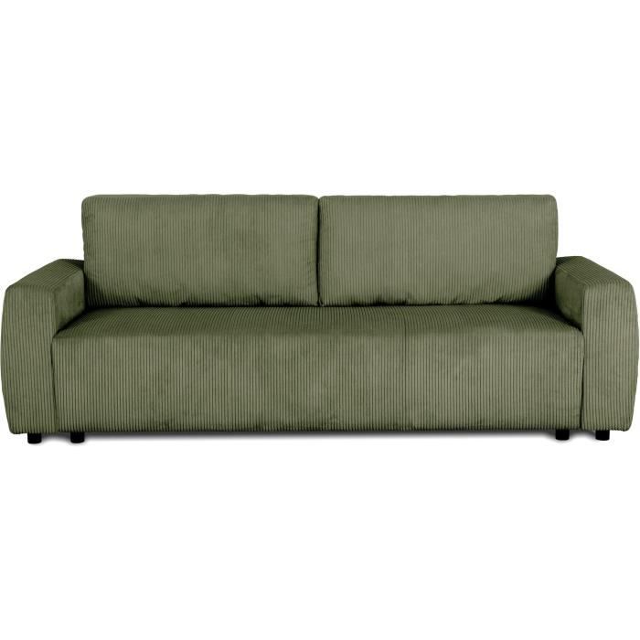Canapé convertible - 3 places - PHARELL - Tissu Velours côtelé Kaki - Coffre - 231 x 84 x 91 cm