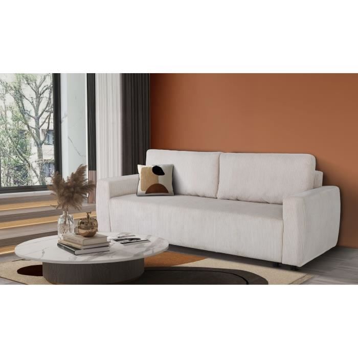 Canapé convertible - 3 places - PHARELL - Tissu Velours côtelé Beige - Coffre - 231 x 84 x 91 cm