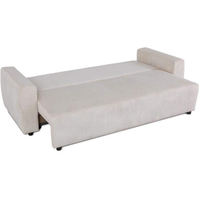 Canapé convertible - 3 places - PHARELL - Tissu Velours côtelé Beige - Coffre - 231 x 84 x 91 cm