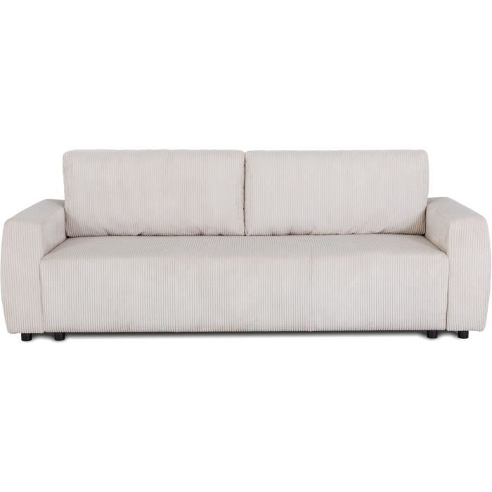 Canapé convertible - 3 places - PHARELL - Tissu Velours côtelé Beige - Coffre - 231 x 84 x 91 cm