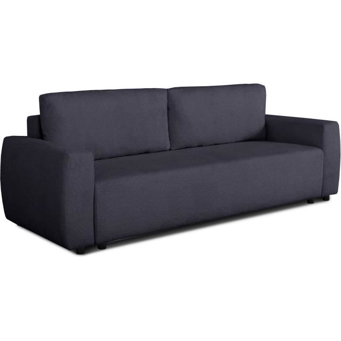 Canapé convertible - 3 places - PHARELL - Tissu Bouclette Noir - Coffre - 231 x 91 x 84 cm