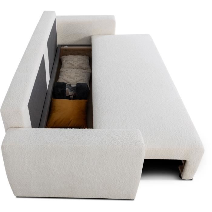 Canapé convertible - 3 places - PHARELL - Tissu Bouclette Beige - Coffre - 231 x 91 x 84 cm