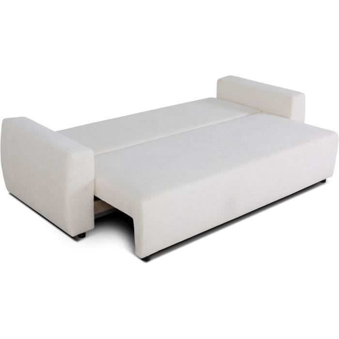 Canapé convertible - 3 places - PHARELL - Tissu Bouclette Beige - Coffre - 231 x 91 x 84 cm
