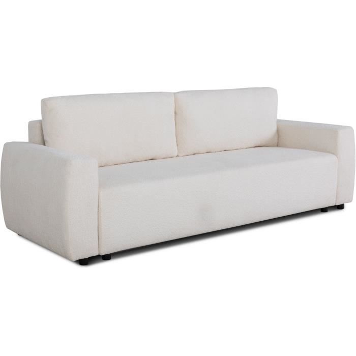 Canapé convertible - 3 places - PHARELL - Tissu Bouclette Beige - Coffre - 231 x 91 x 84 cm