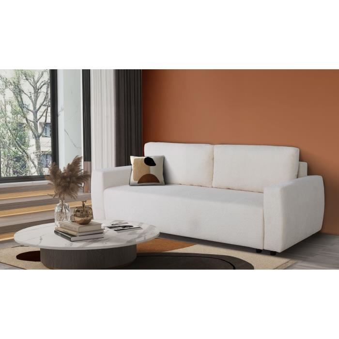 Canapé convertible - 3 places - PHARELL - Tissu Bouclette Beige - Coffre - 231 x 91 x 84 cm