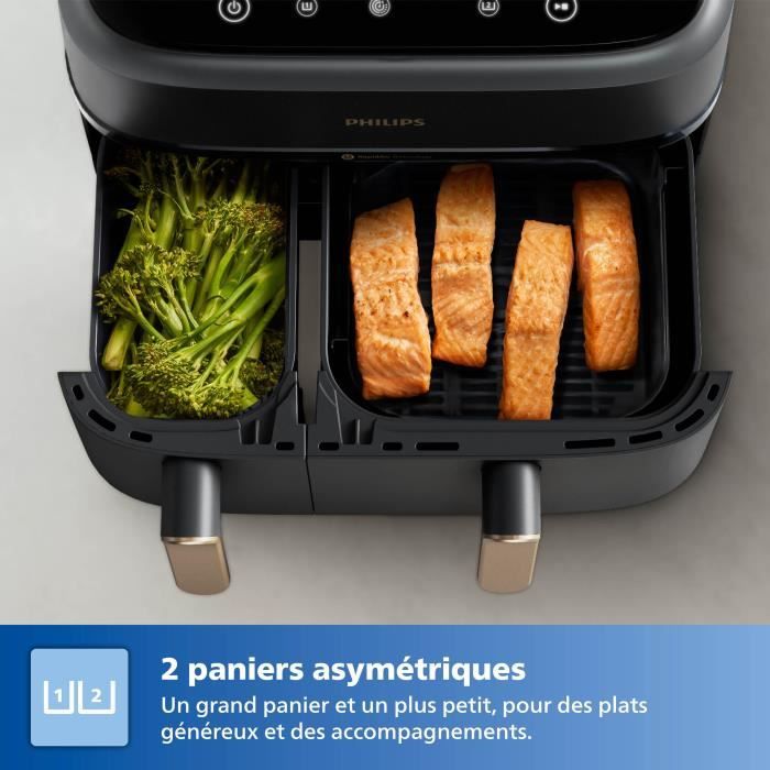 Friteuse sans huile - PHILIPS - NA352/04 - Airfryer Série 3000 double panier 9L avec accessoire - 8 préréglages - 2750W - Noir/Doré