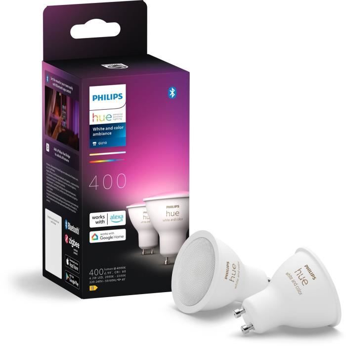 Ampoules LED connectées de marque PHILIPS, offrant une luminosité ajustable et une large gamme de couleurs.
