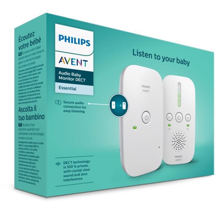 Ecoute-bébé SCD 502/26 - PHILIPS AVENT - Audio DECT - Gris/Blanc - Portée 300m - Volume réglable - Autonomie 24h
