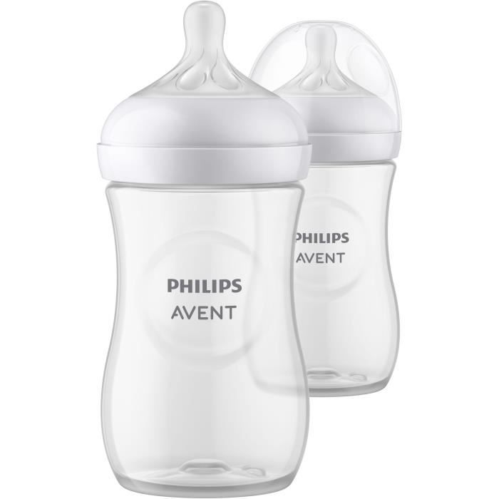 Lot de 2 biberons - PHILIPS AVENT- Natural 3.0 - Anti-colique - 260 ml - AirFree - Tétine imitant la forme du sein - Blanc
