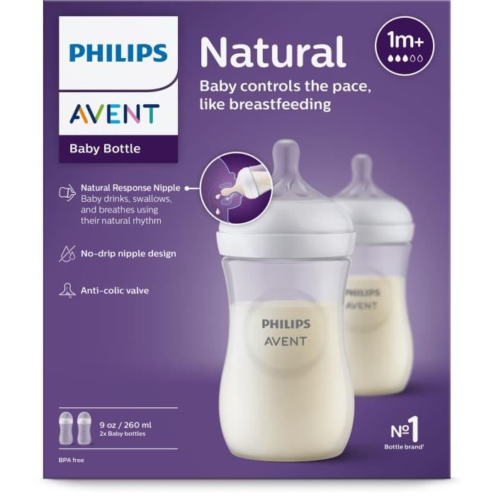 Lot de 2 biberons - PHILIPS AVENT- Natural 3.0 - Anti-colique - 260 ml - AirFree - Tétine imitant la forme du sein - Blanc