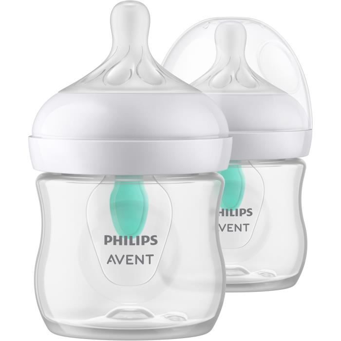 Lot de 2 biberons - PHILIPS AVENT- Natural 3.0 - Anti-colique - 125 ml - AirFree - Tétine imitant la forme du sein - Blanc